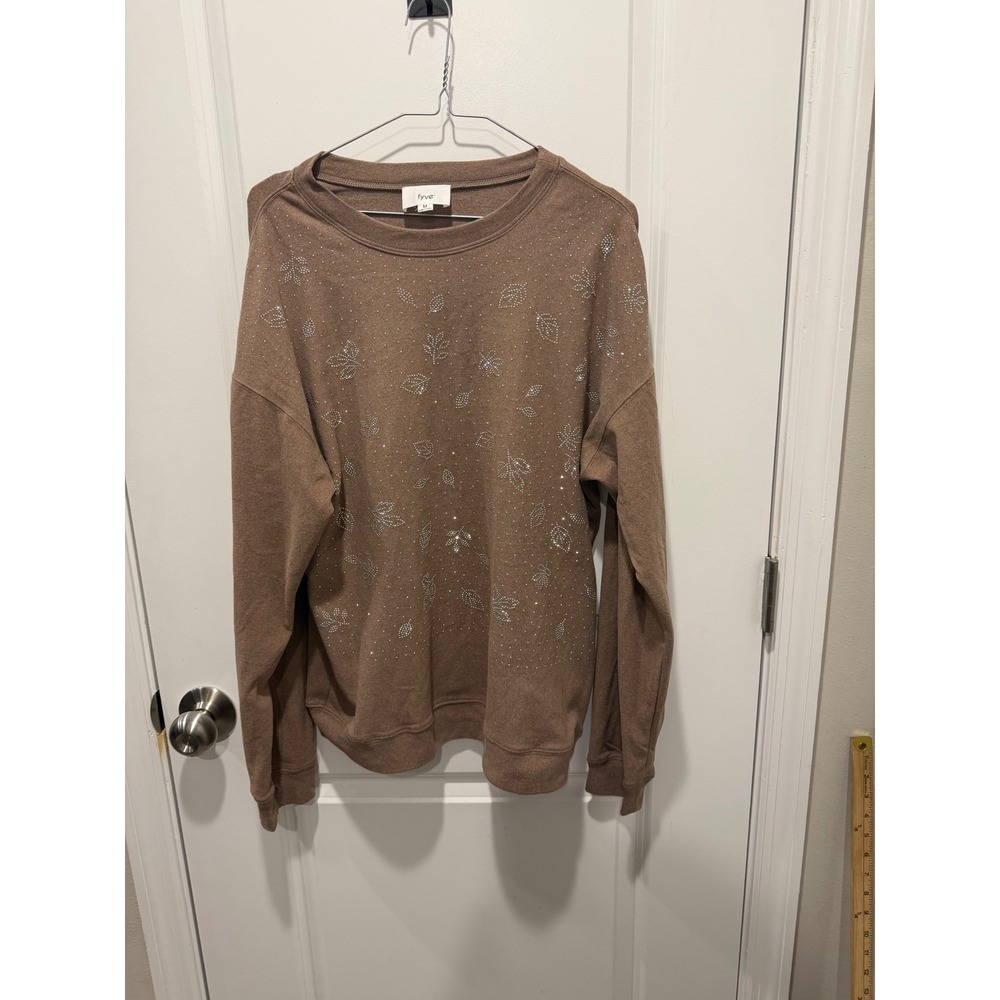 Fyve Women Sweatshirt Rhinestone Leaf Embellished Brown‎ M